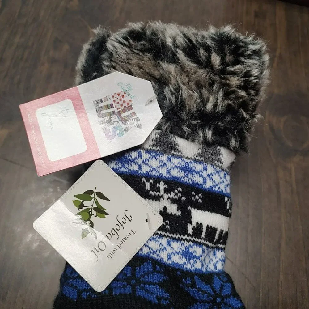 New MukLuks Blue Black Trees Deer Snowflakes Cabin Socks Jojoba Oil Women's L/XL